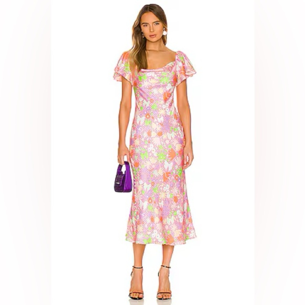 Olivia Rubin Amelia Midi Dress Pink Floral Polka Dot Silk Blend Size 6